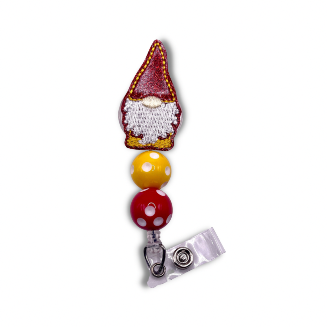 Red and Gold Gnome Polka Dot Beaded Badge Reel